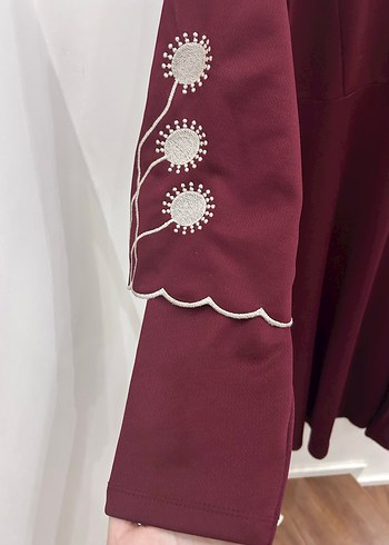 l Beden bordo Renk Bordo Nakış Detaylı Uzun Kollu Kadın Elbise