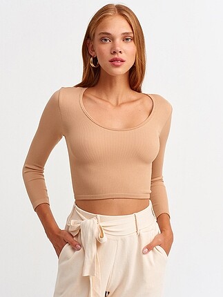 Taba renk uzun kollu crop top