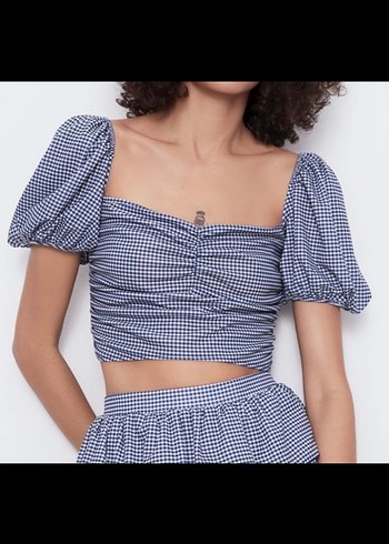 Zara Mavi Kareli Mini Bluz