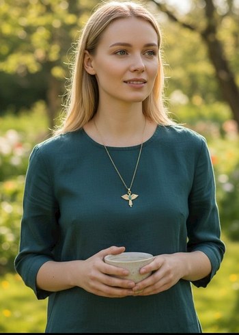 Turkuaz Taşlı Kanatlı Mini Kararmaz Çelik Kolye - Görsel 2