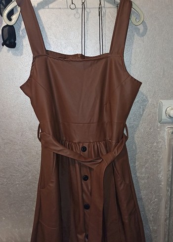 m Beden kahverengi Renk Kadın Kahverengi Deri Uzun Askılı Elbise