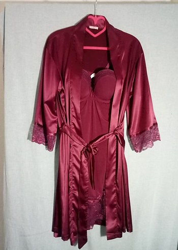 Burgundy Uzun Kadın Saten Gecelik ve Sabahlık Takımı