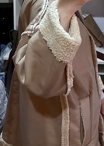 Bej Kürklü Deri Midi Ceket - Görsel 4