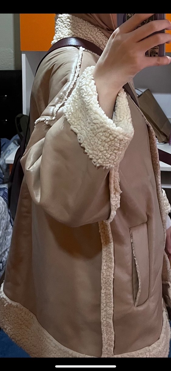 Bej Kürklü Deri Midi Ceket - Görsel 4