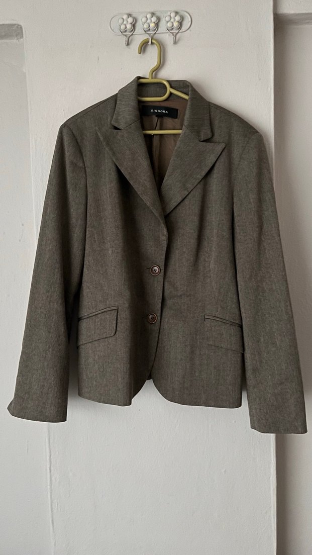 Düğmeli kahve Keten Kadın Blazer Ceket - Görsel 3