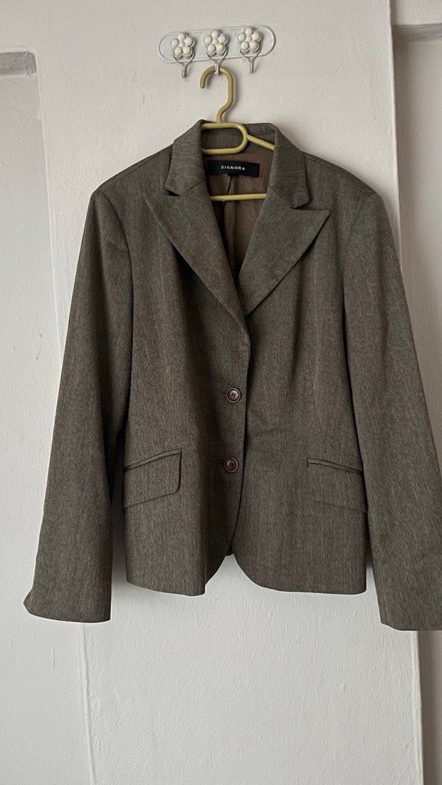 Düğmeli kahve Keten Kadın Blazer Ceket - Görsel 4