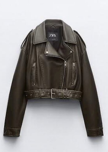 Yeşil Biker Deri Ceket Kemerli