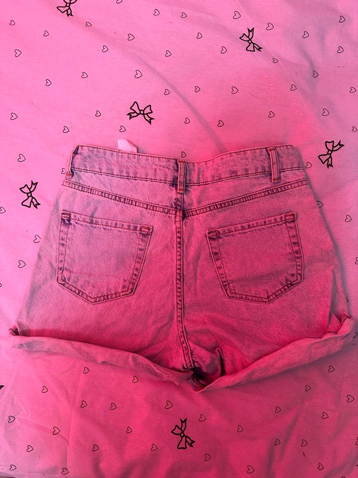 Bağlama Desenli Pembe Mini Kot Şort - Görsel 2