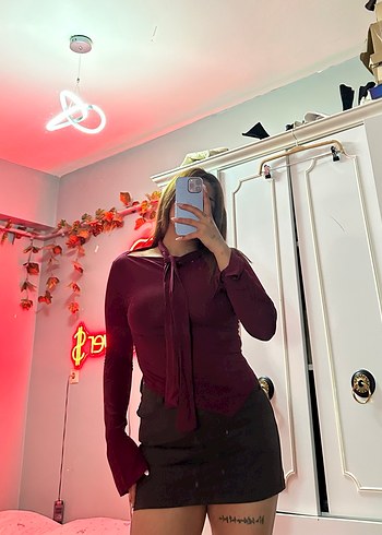 Bordo Mini Deri Elbise, Uzun Kollu, Yüksek Yaka - Görsel 2