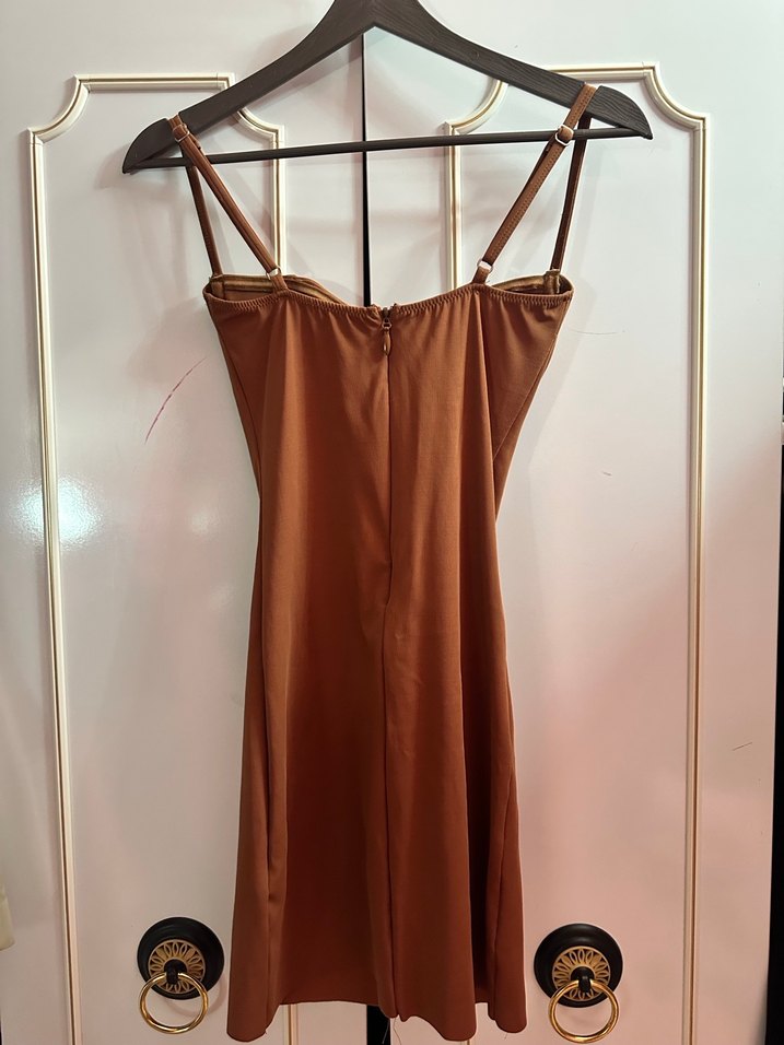 Kahverengi Straplez Mini Elbise - Görsel 3