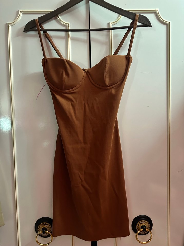 Kahverengi Straplez Mini Elbise - Görsel 2