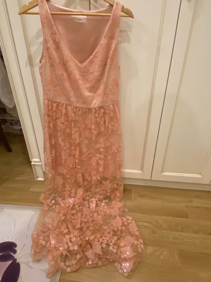 Roman Pembe Çiçekli Dantel Pullu Payetli elbise - Görsel 4