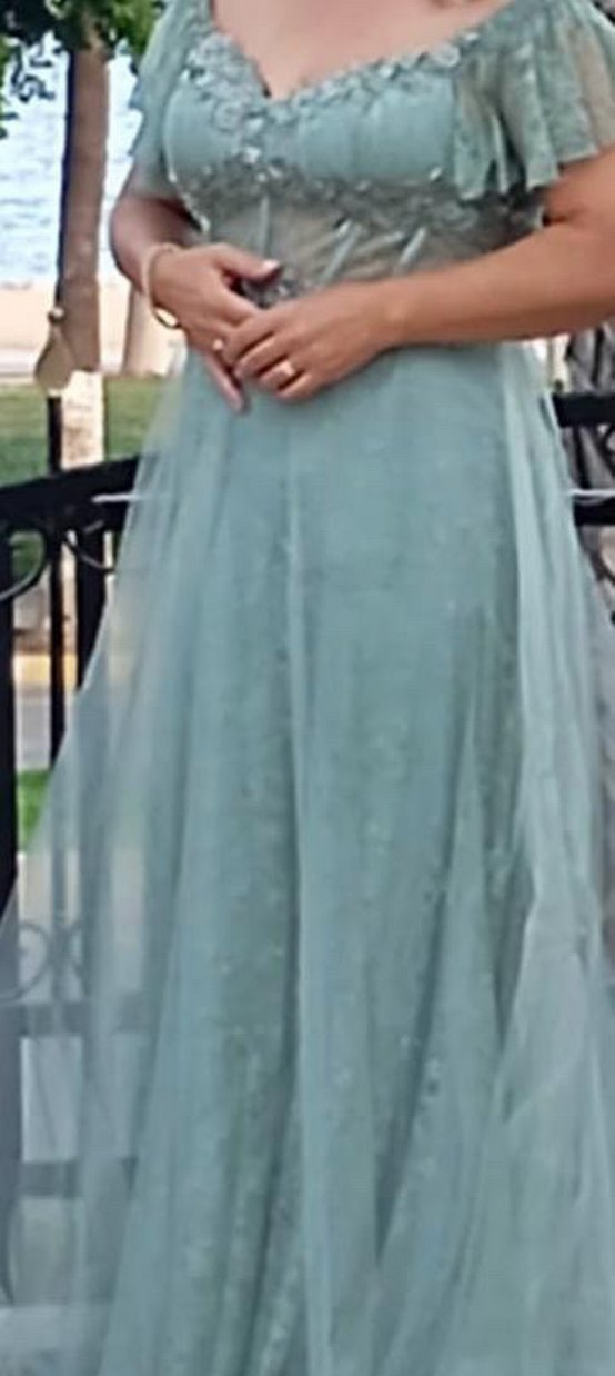 Su Yeşili Nakışlı Dantel üzeri tül Uzun Abiye Elbise - Görsel 2