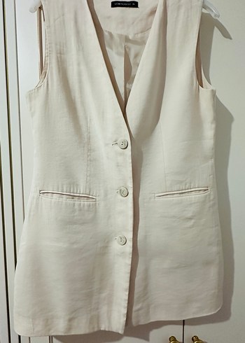 Bej Keten Düğmeli Kolsuz Midi Yelek - Görsel 3