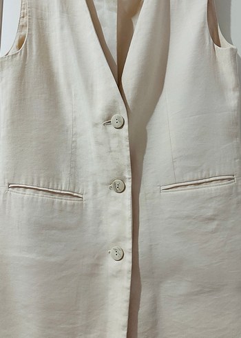 Bej Keten Düğmeli Kolsuz Midi Yelek - Görsel 6