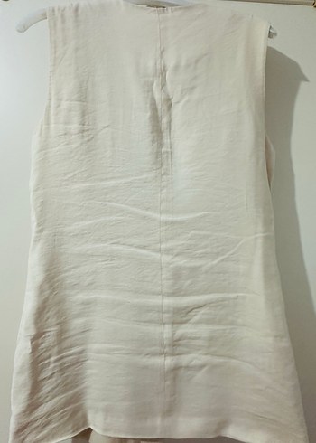 Bej Keten Düğmeli Kolsuz Midi Yelek - Görsel 4