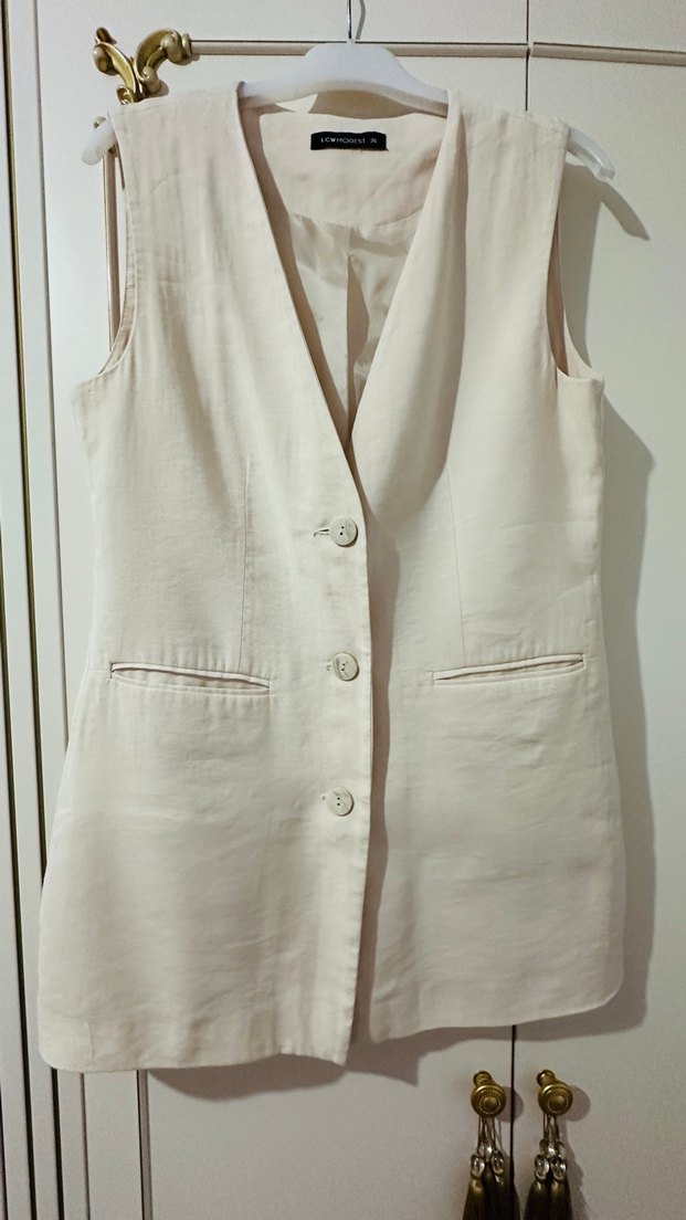 Bej Keten Düğmeli Kolsuz Midi Yelek - Görsel 3