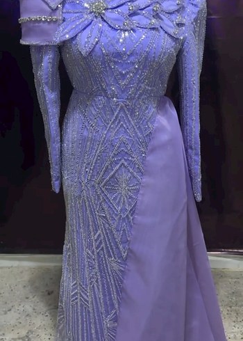 Boncuk İşlemeli Uzun Mor Abiye Elbise - Görsel 2