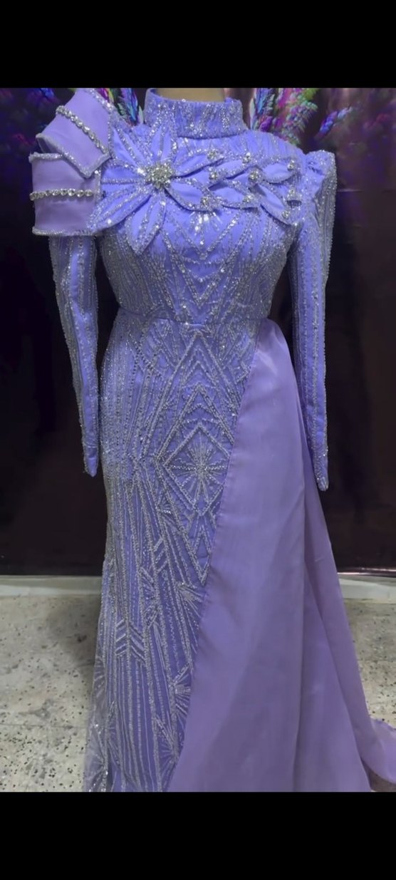 Boncuk İşlemeli Uzun Mor Abiye Elbise - Görsel 2