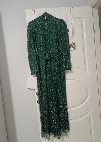 Yeşil Boncuk İşlemeli Uzun Abiye Elbise - Görsel 2