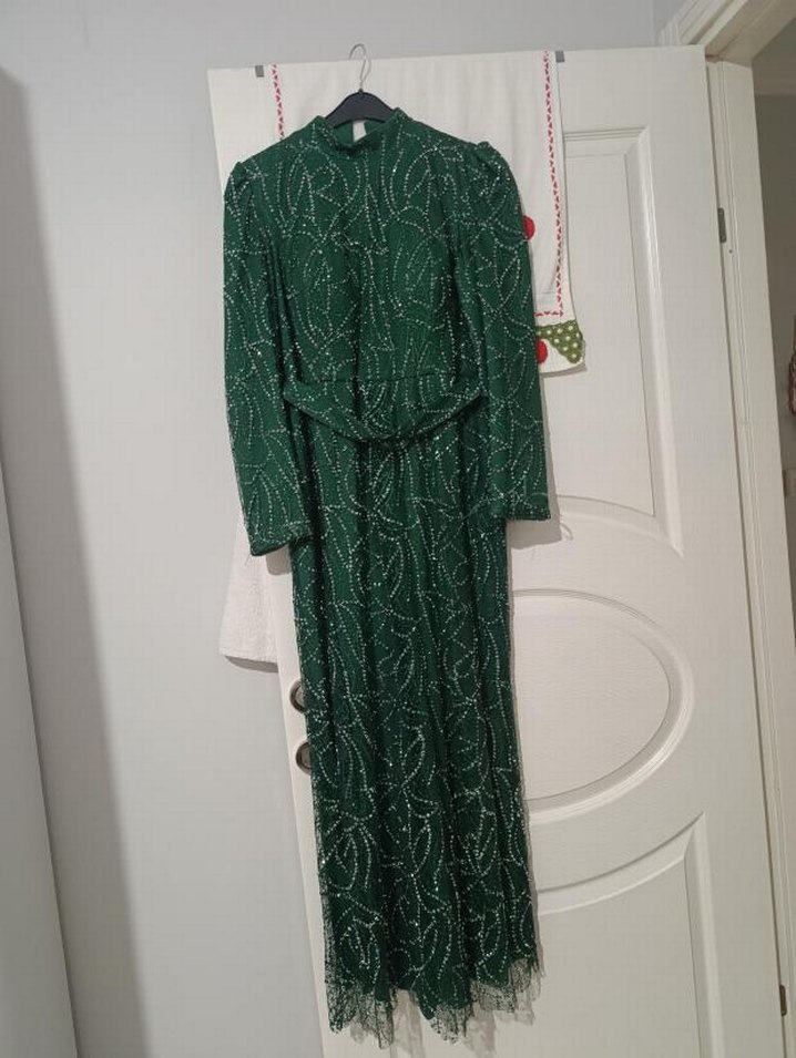 Yeşil Boncuk İşlemeli Uzun Abiye Elbise - Görsel 2