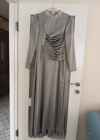 Uzun Kollu Drapeli Kadın Abiye Elbise çağla yeşili - Görsel 3