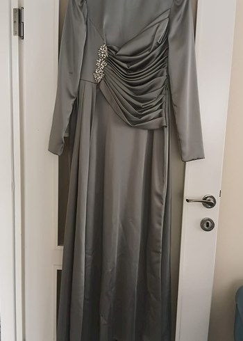 Uzun Kollu Drapeli Kadın Abiye Elbise çağla yeşili - Görsel 2