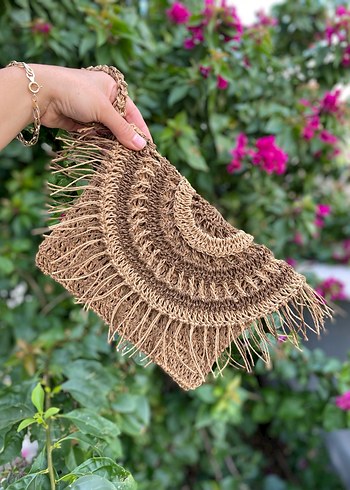 Bohem Püsküllü Kahverengi Örgü Clutch Çanta