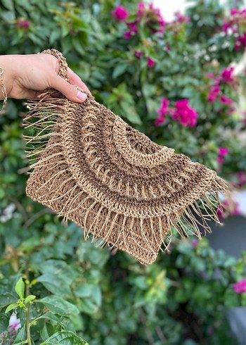 Beden Bohem Püsküllü Kahverengi Örgü Clutch Çanta