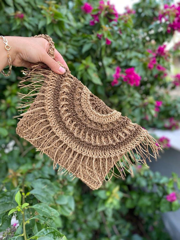 Bohem Püsküllü Kahverengi Örgü Clutch Çanta - Görsel 3