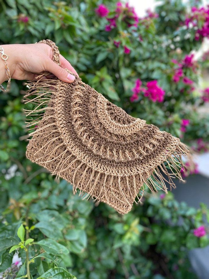 Bohem Püsküllü Kahverengi Örgü Clutch Çanta - Görsel 2