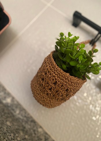 Bej Örgü Sepet Saksı Askısı - Görsel 3