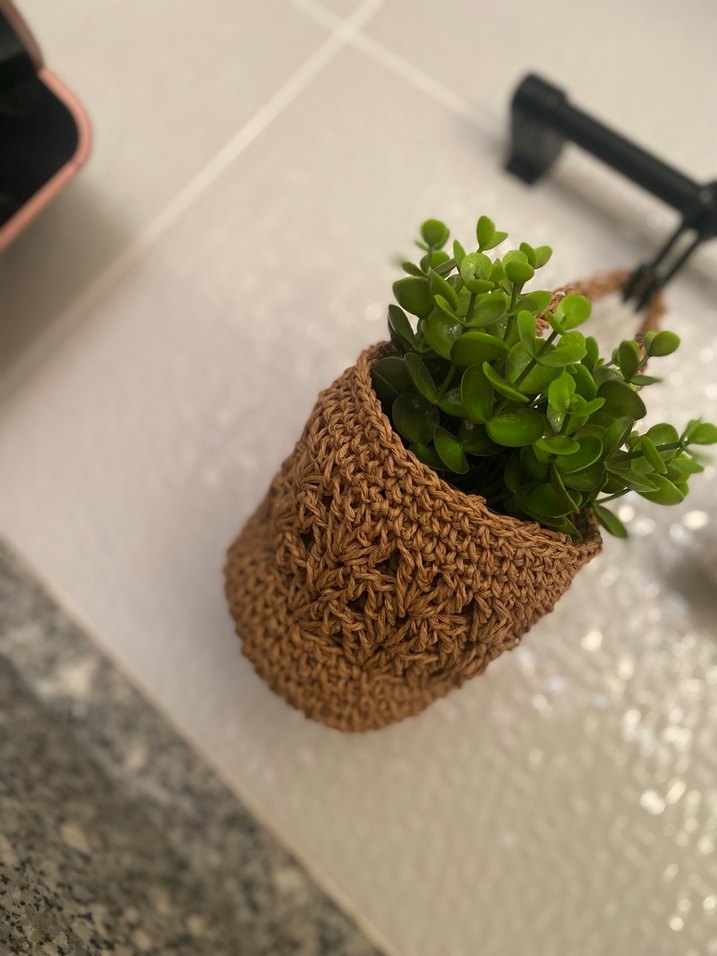 Bej Örgü Sepet Saksı Askısı - Görsel 3