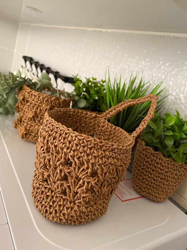 Bej Örgü Sepet Saksı Askısı - Görsel 2