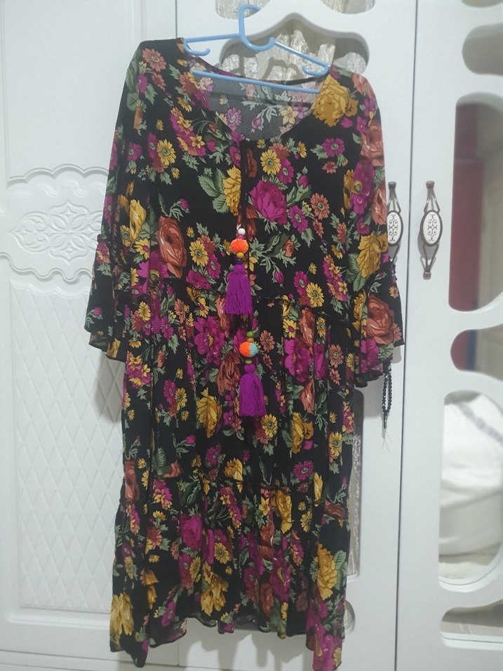 OTANTIK Çiçek Desenli dizaltı  her beden uyumlu  elbise - Görsel 5