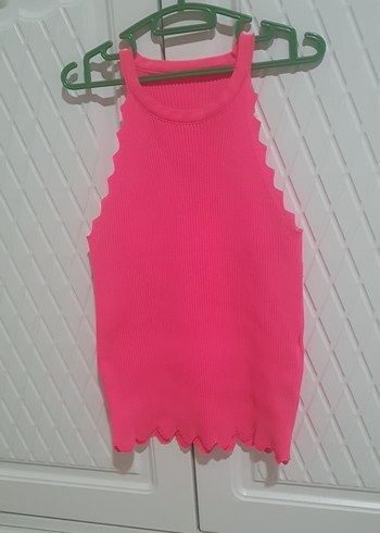 Diğer triko likrali kol ve etek ucu zizzag kesim çok şık canli pembe