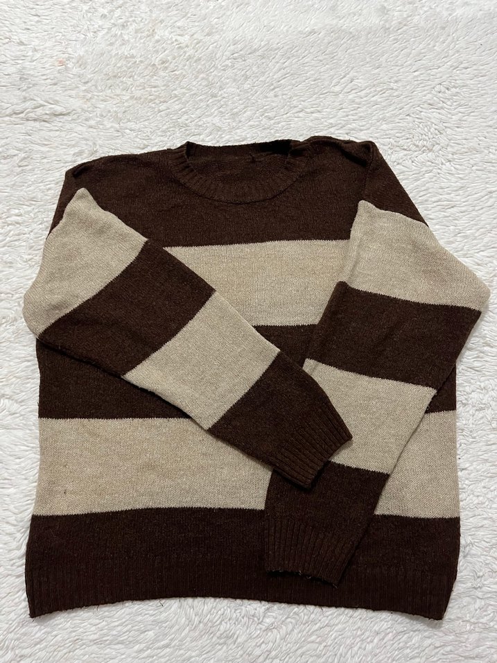 Çizgili Rahat Örgü Kadın Kazak - Görsel 2