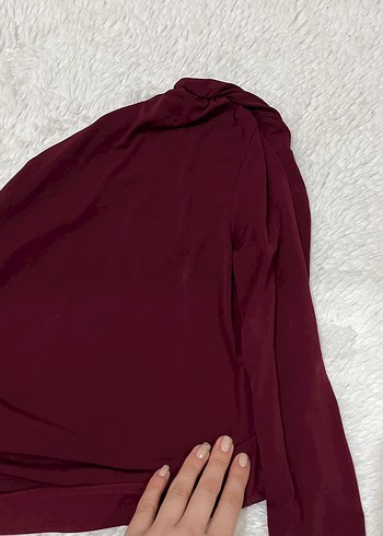 Bordo Uzun Kollu Drapeli Kadın Bluz - Görsel 2