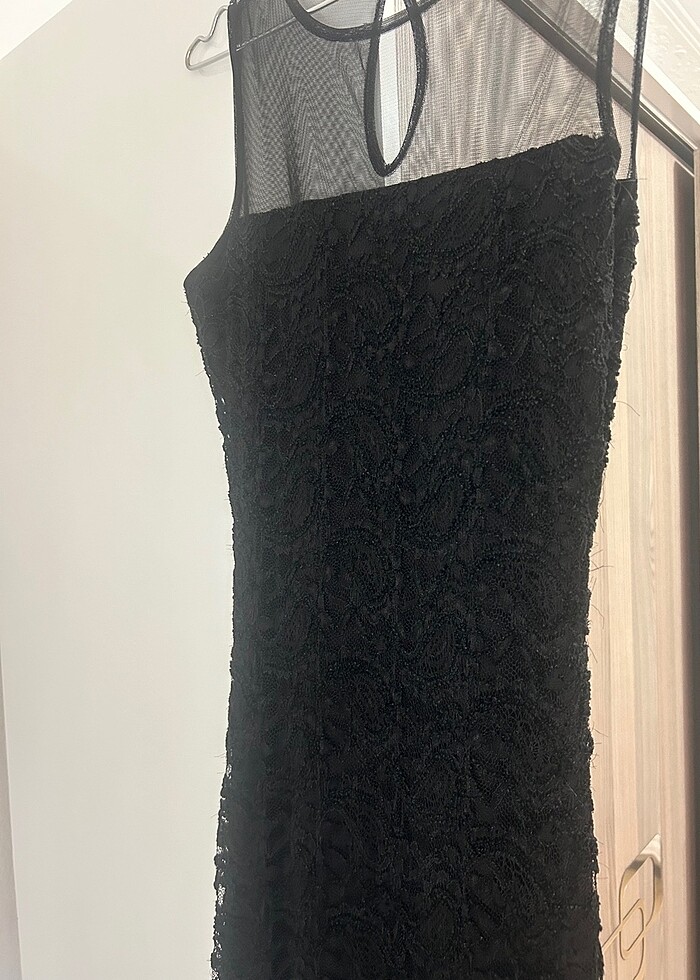 Siyah Vintage balık model dantel ve güpür kaplama elbise - Görsel 3
