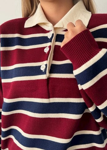 Diğer Bordo Çizgili Örgü Kadın Sweatshirt
