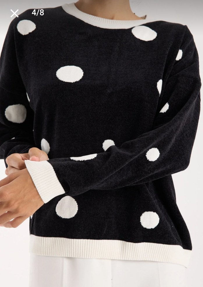 Beyaz Puantiyeli Siyah Kadın Triko Kazak - Görsel 3