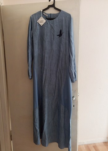 Kadın Mavi Uzun Keten Elbise - Görsel 2