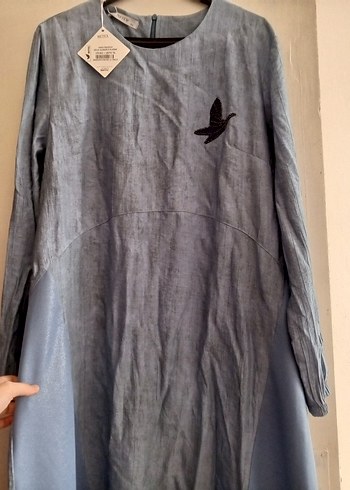 Kadın Mavi Uzun Keten Elbise - Görsel 5