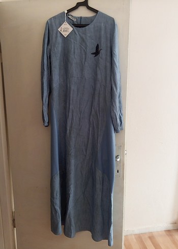 Kadın Mavi Uzun Keten Elbise - Görsel 3