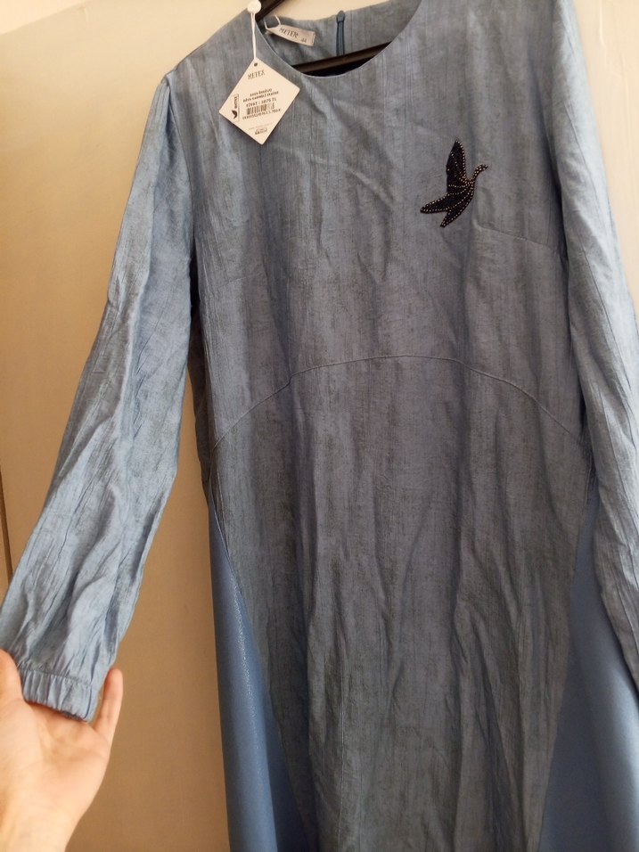 Kadın Mavi Uzun Keten Elbise - Görsel 4