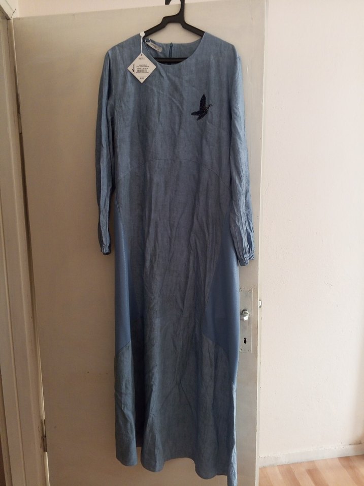 Kadın Mavi Uzun Keten Elbise - Görsel 2