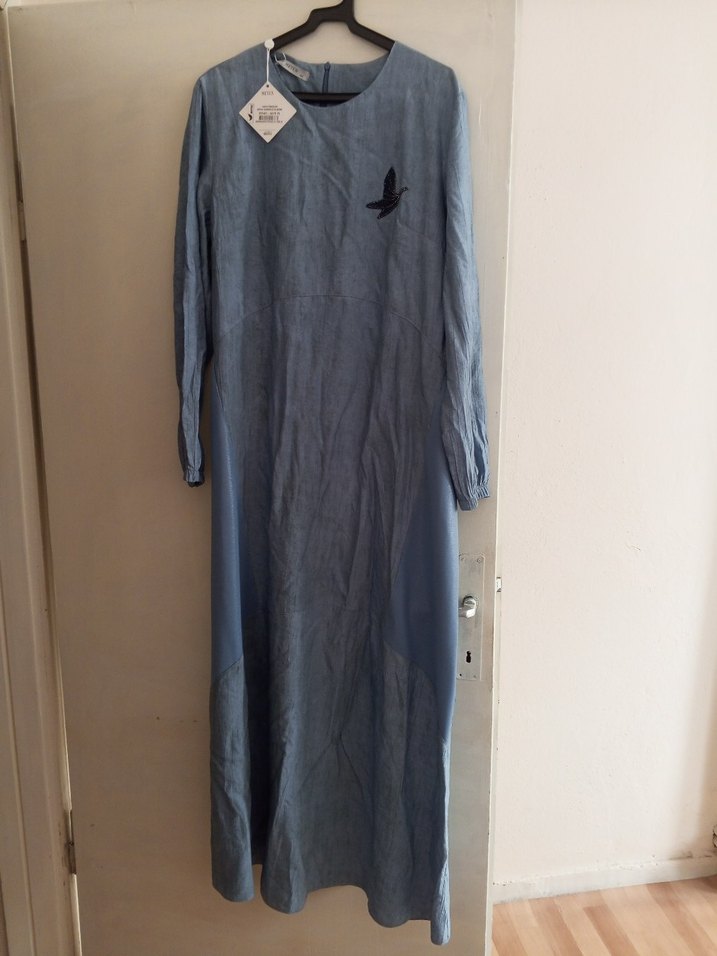 Kadın Mavi Uzun Keten Elbise - Görsel 3