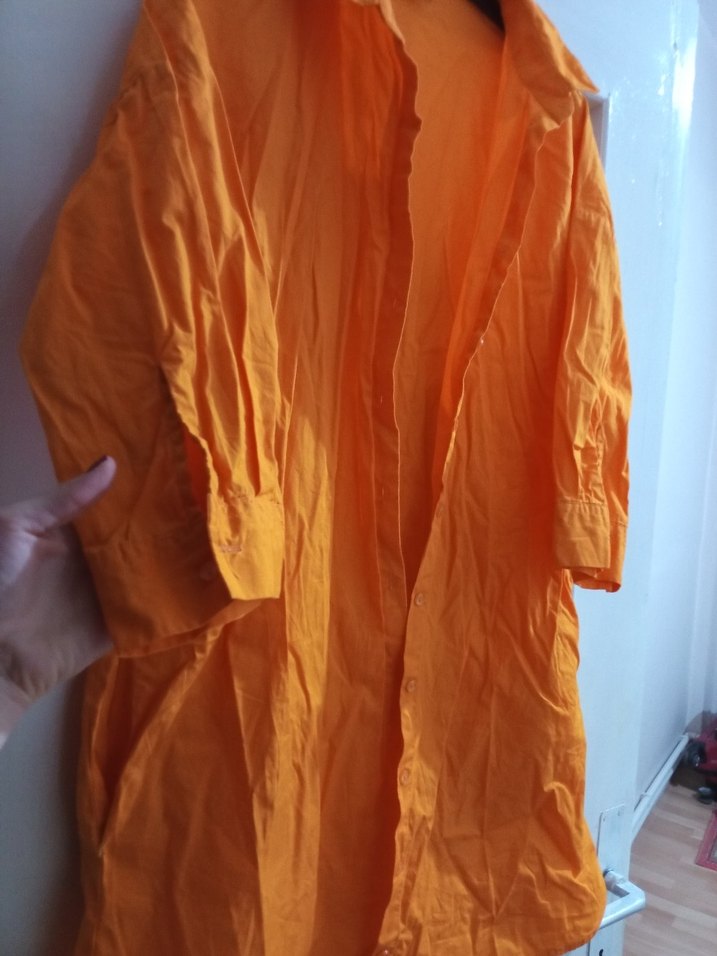 Turuncu Uzun Kollu Keten Gömlek - Görsel 2