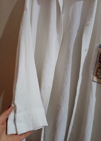 Nakışlı Cepli Uzun Kollu Beyaz Keten Gömlek - Görsel 3