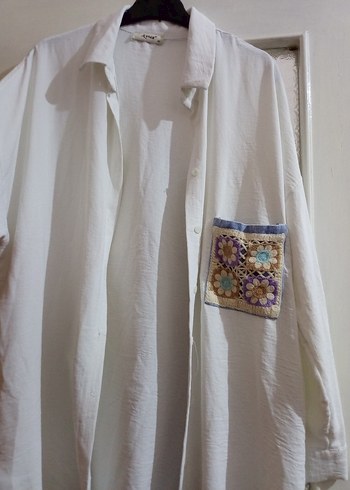 Nakışlı Cepli Uzun Kollu Beyaz Keten Gömlek - Görsel 5